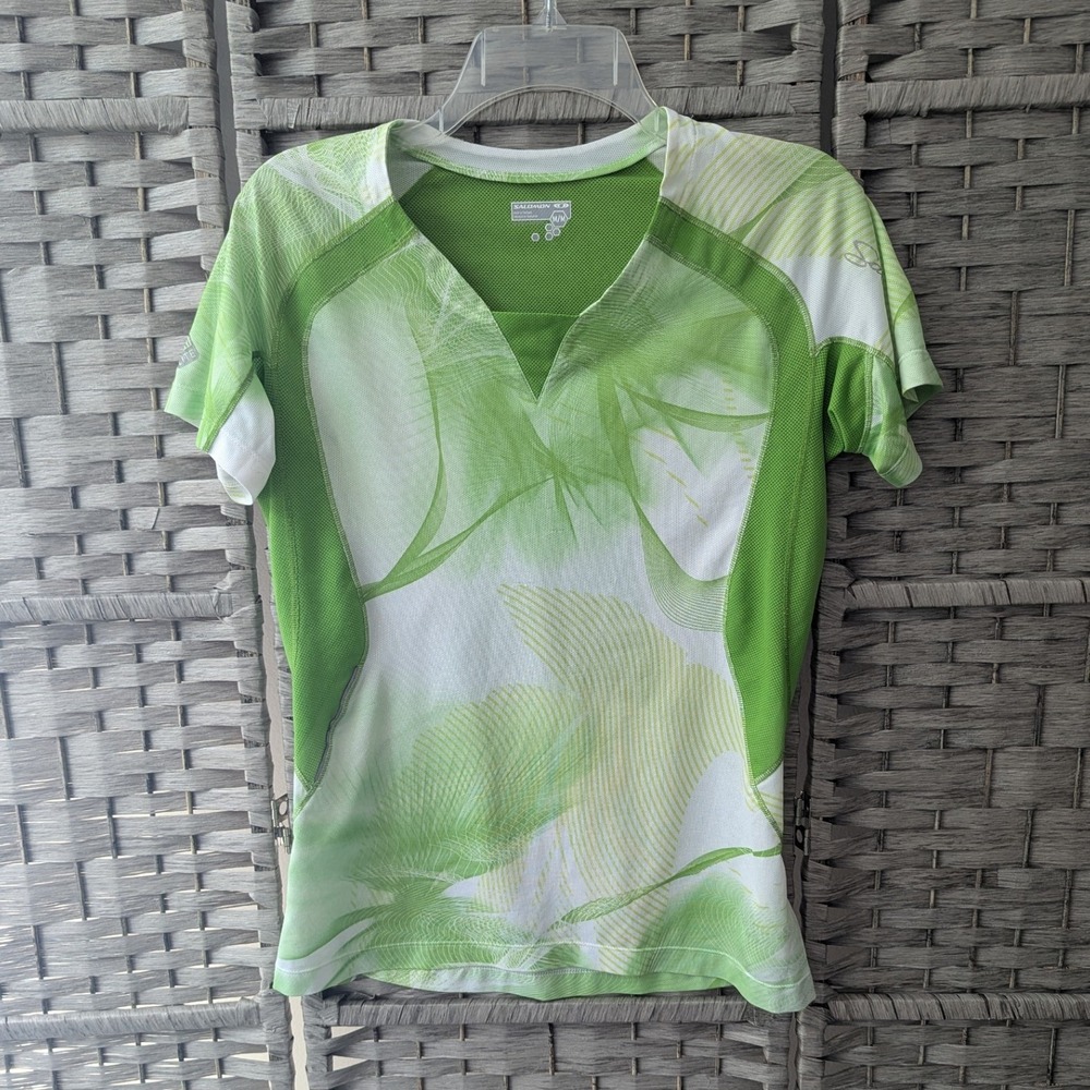 Salomon Active Top Green White Abstract Graphic Mesh Short Sleeve Sz M Athletic